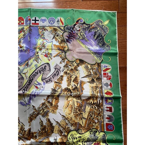 Vintage 1970s Map Scarf of Europe Landmarks Flags 28"x28" Rayon Square - Picture 4 of 8